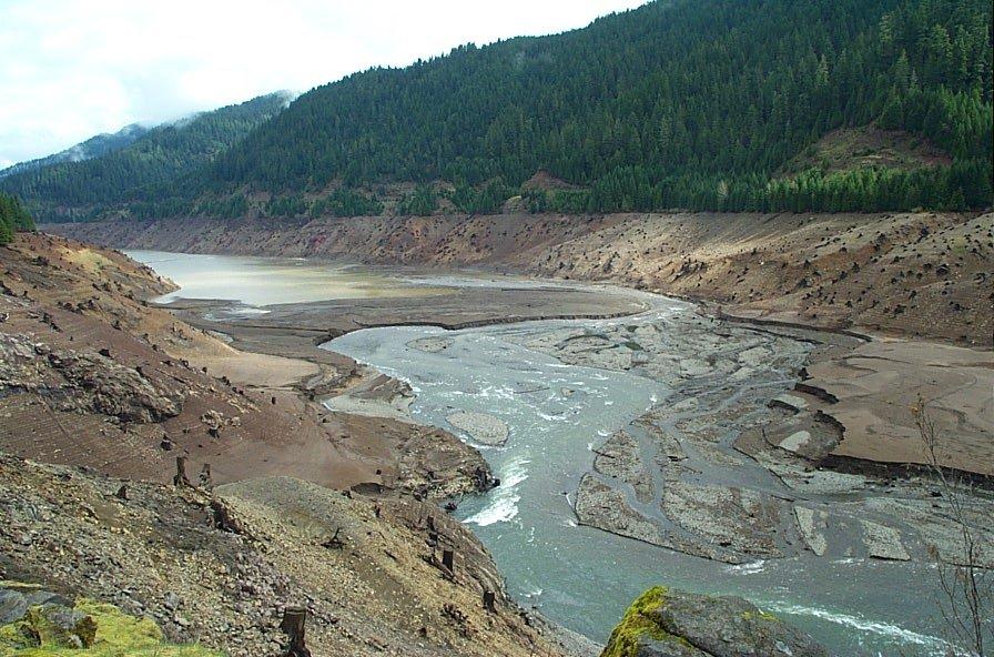 Cougar Reservoir drawdown: view from hotspring parking area 4/12/02